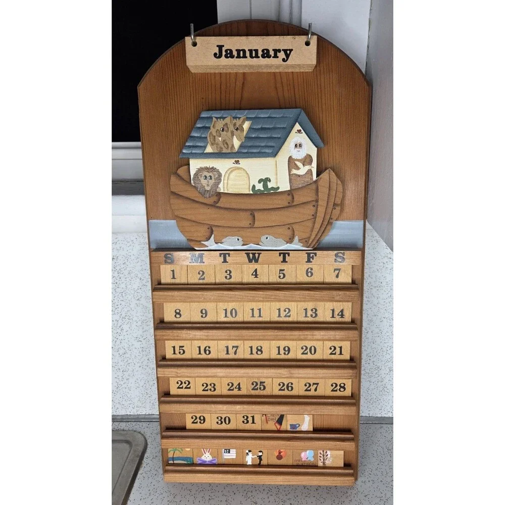 Vtg Wooden Calendar Wall Hanging Noah's Ark Holiday Tiles Cottagecore Nursery